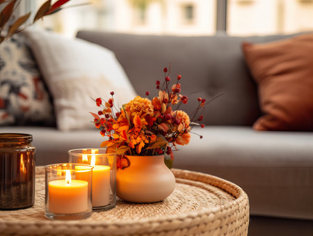 Cozy autumn interior decor arrangement, warm fall home decoration composition, dried flowers in vaseの素材
