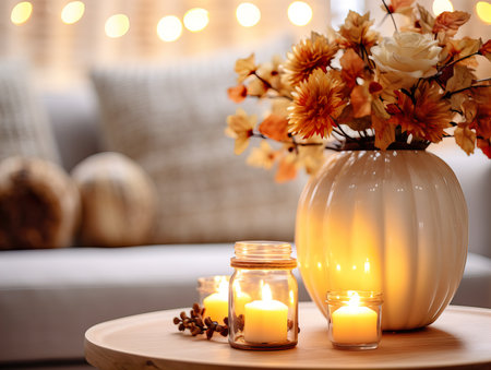 Cozy autumn interior decor arrangement, warm fall home decoration composition, dried flowers in vaseの素材