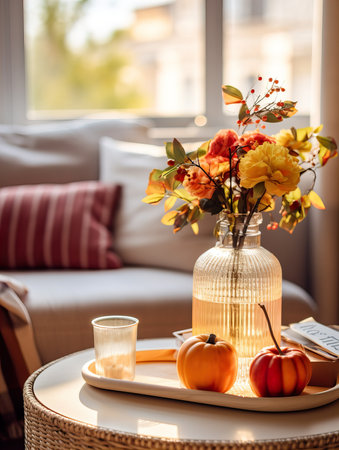 Cozy autumn interior decor arrangement, warm fall home decoration composition, dried flowers in vaseの素材