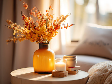 Cozy autumn interior decor arrangement, warm fall home decoration composition, dried flowers in vaseの素材