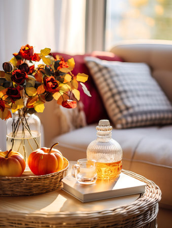 Cozy autumn interior decor arrangement, warm fall home decoration composition, dried flowers in vaseの素材