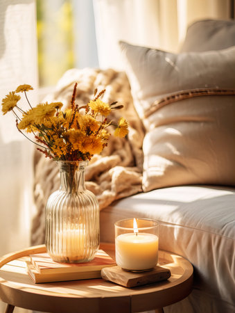 Cozy autumn interior decor arrangement, warm fall home decoration composition, dried flowers in vaseの素材