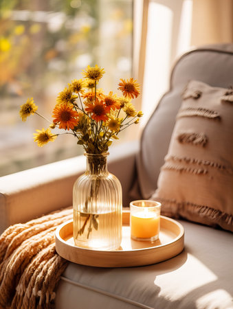 Cozy autumn interior decor arrangement, warm fall home decoration composition, dried flowers in vaseの素材
