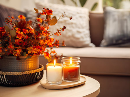 Cozy autumn interior decor arrangement, warm fall home decoration composition, dried flowers in vaseの素材