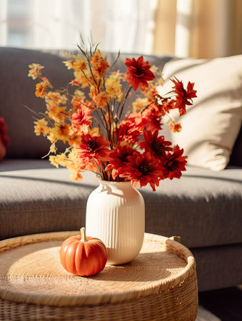 Cozy autumn interior decor arrangement, warm fall home decoration composition, dried flowers in vaseの素材
