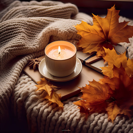 Fall aesthetics, autumn interior decor with cozy blanket and burning candlesの素材