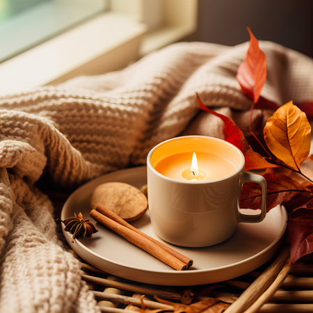 Fall aesthetics, candle in coffee mug, autumn interior decor with cozy blanket and burning candlesの素材