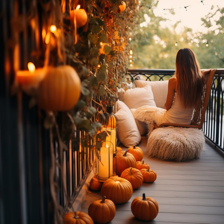 Young pretty lady relaxing on her fall decorated balcony, beautiful woman sitting on her balcony, autumn decor with pumpkins and candlesの素材