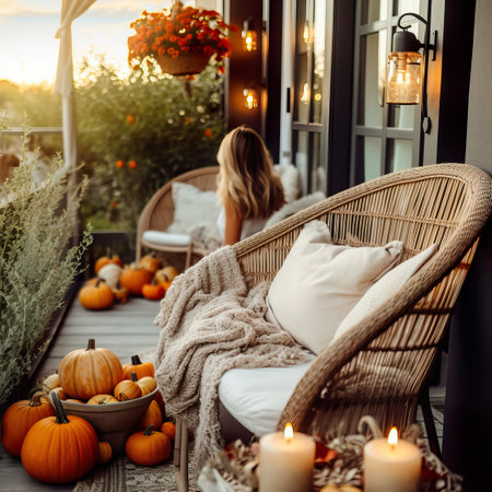 Young pretty lady relaxing on her fall decorated balcony, beautiful woman sitting on her balcony, autumn decor with pumpkins and candlesの素材