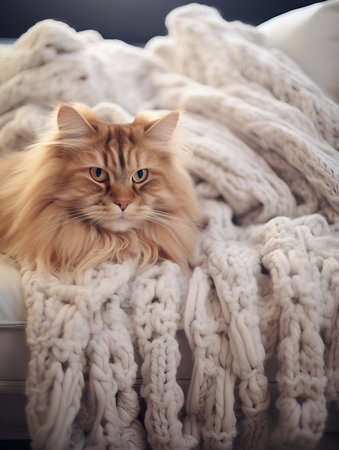 Fluffy ginger cat on cozy knitted blanket in winter decorated home interior, warm lightの素材