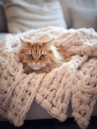 Fluffy ginger cat on cozy knitted blanket in winter decorated home interior, warm lightの素材
