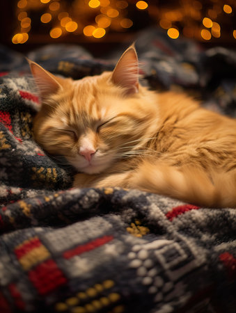 Fluffy ginger cat on cozy knitted blanket in winter decorated home interior, warm lightの素材