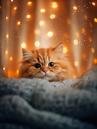 Fluffy ginger cat on cozy knitted blanket in winter decorated home interior, warm lightの素材