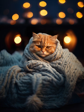 Fluffy ginger cat on cozy knitted blanket in winter decorated home interior, warm lightの素材