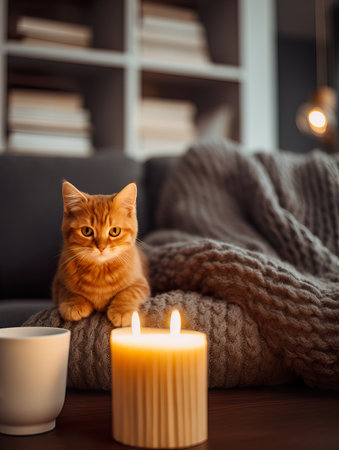 Fluffy ginger cat on cozy knitted blanket in winter decorated home interior, warm lightの素材