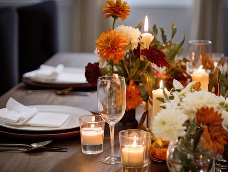 Beautiful fall table setting, autumn dinner table decoration with flowers and candles, holiday event decor in orange and yellow colorsの素材