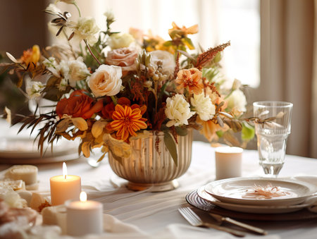 Beautiful fall table setting, autumn dinner table decoration with flowers and candles, holiday event decor in orange and yellow colorsの素材