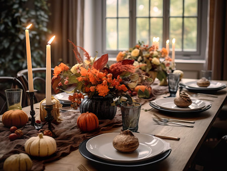 Beautiful fall table setting, autumn dinner table decoration with flowers and candles, holiday event decor in orange and yellow colorsの素材