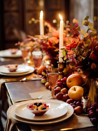 Beautiful fall table setting, autumn dinner table decoration with flowers and candles, holiday event decor in orange and yellow colorsの素材