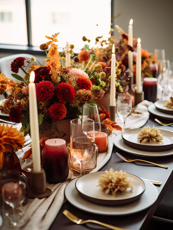 Beautiful fall table setting, autumn dinner table decoration with flowers and candles, holiday event decor in orange and yellow colorsの素材