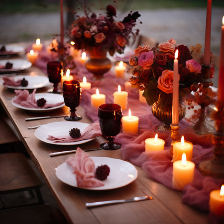 Beautiful fall table setting, autumn dinner table decoration with flowers and candles, holiday event decor in orange and yellow colorsの素材