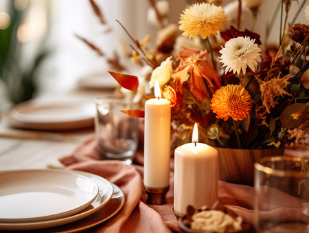 Beautiful fall table setting, autumn dinner table decoration with flowers and candles, holiday event decor in orange and yellow colorsの素材