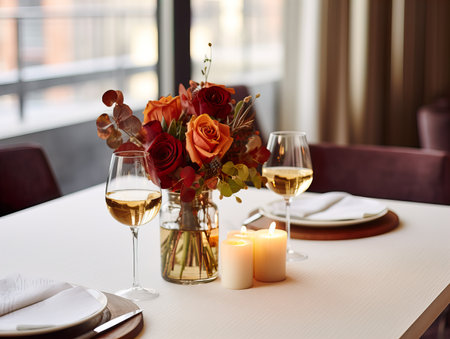 Beautiful fall table setting, autumn dinner table decoration with flowers and candles, holiday event decor in orange and yellow colorsの素材