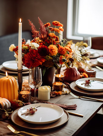 Beautiful fall table setting, autumn dinner table decoration with flowers and candles, holiday event decor in orange and yellow colorsの素材