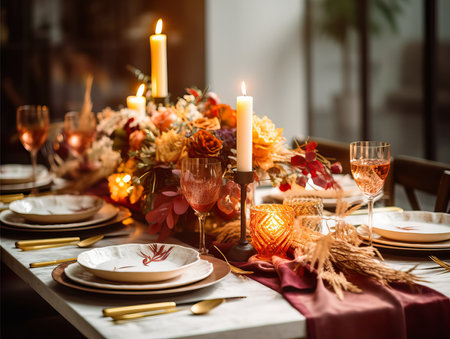 Beautiful fall table setting, autumn dinner table decoration with flowers and candles, holiday event decor in orange and yellow colorsの素材