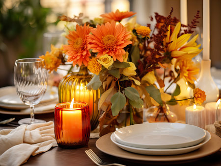 Beautiful fall table setting, autumn dinner table decoration with flowers and candles, holiday event decor in orange and yellow colorsの素材