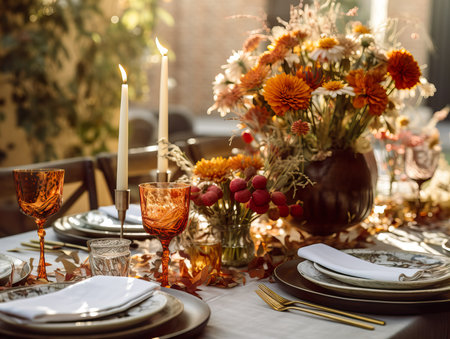 Beautiful fall table setting, autumn dinner table decoration with flowers and candles, holiday event decor in orange and yellow colorsの素材