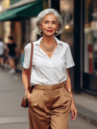 Beautiful senior lady with gray hair posing standing in the street of European city, gorgeous older woman fashion model, streetstyle bloggerの素材