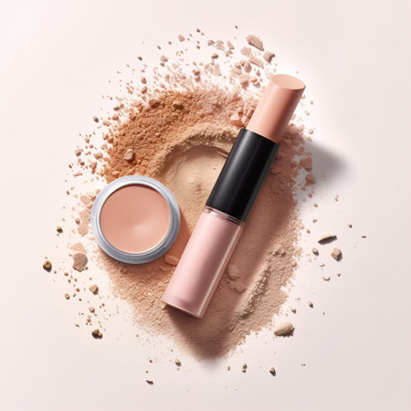 Make-up products studio shot, cosmetics on studio background, floating eye shadows and lipstickの素材