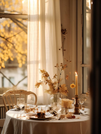 Autumn table decor, brown and beige fall home interior decoration, afternoon lightの素材