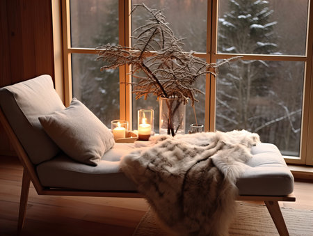 Cozy winter home interior with knitted blankets and pillows, holiday country house in wood, warm fire and afternoon daylightの素材