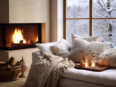 Cozy winter home interior with knitted blankets and pillows, holiday country house in wood, warm fire and afternoon daylightの素材