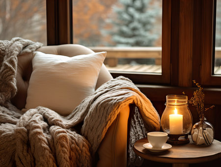 Cozy winter home interior with knitted blankets and pillows, holiday country house in wood, warm fire and afternoon daylightの素材