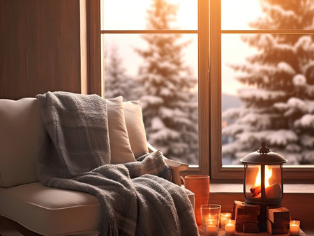 Cozy winter home interior with knitted blankets and pillows, holiday country house in wood, warm fire and afternoon daylightの素材