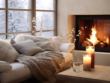 Cozy winter home interior with knitted blankets and pillows, holiday country house in wood, warm fire and afternoon daylightの素材
