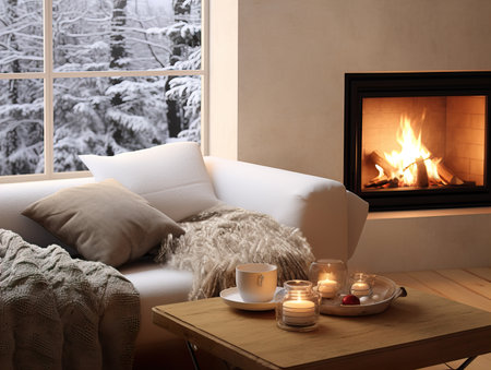 Cozy winter home interior with knitted blankets and pillows, holiday country house in wood, warm fire and afternoon daylightの素材