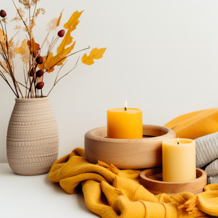 Bright light yellow and white cozy autumn interior decor arrangement, fall home decorations with candles and warm blanket, white wall copy spaceの素材