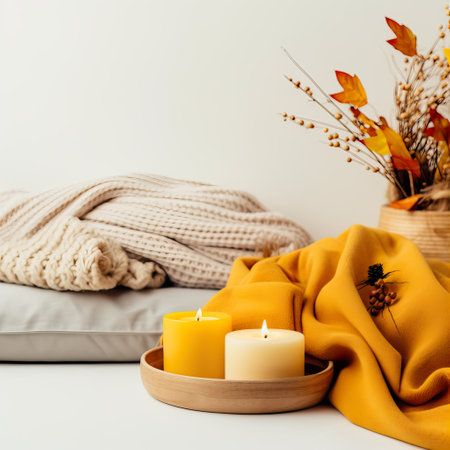 Bright light yellow and white cozy autumn interior decor arrangement, fall home decorations with candles and warm blanket, white wall copy spaceの素材
