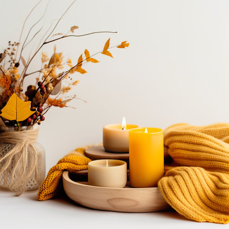 Bright light yellow and white cozy autumn interior decor arrangement, fall home decorations with candles and warm blanket, white wall copy spaceの素材