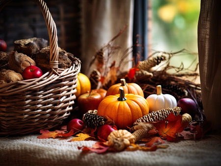 Beautiful fall decorations, autumn decorative background in brown and orange colorsの素材