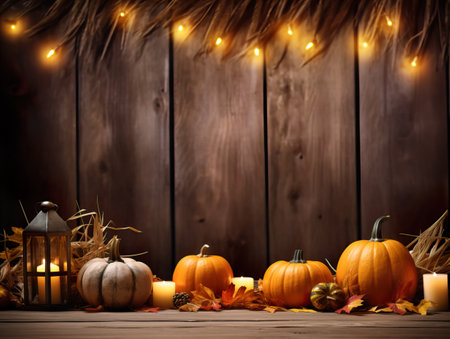 Beautiful fall holiday decorations, autumn decorative creative background with copy space in brown and orange colors, bokeh lightsの素材