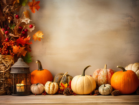 Beautiful fall holiday decorations, autumn decorative creative background with copy space in brown and orange colors, bokeh lightsの素材