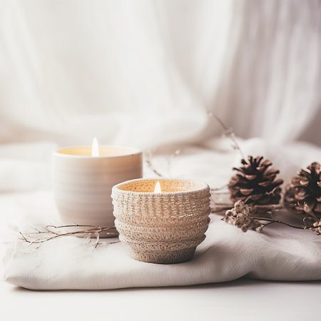 Cozy winter decorative composition in white and beige colors, warm winter decor with coffee cup and candles on white background with copy spaceの素材