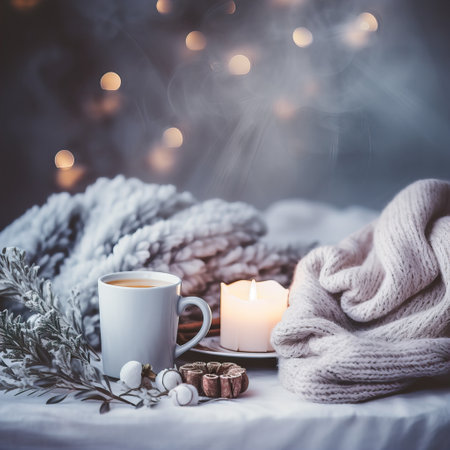 Cozy winter decorative composition in white and beige colors, warm winter decor with coffee cup and candles on white background with copy spaceの素材