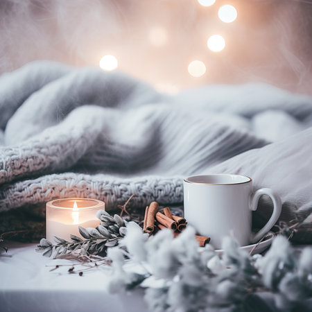 Cozy winter decorative composition in white and beige colors, warm winter decor with coffee cup and candles on white background with copy spaceの素材