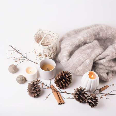 Cozy winter decorative composition in white and beige colors, warm winter decor with coffee cup and candles on white background with copy spaceの素材